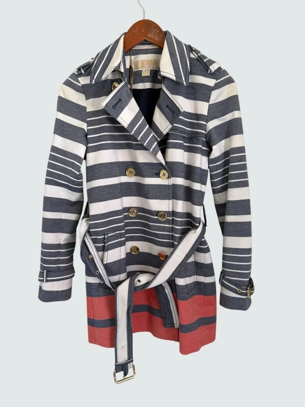 Michael Kors Womens Striped Double-Breasted Trench Coat XS Navy White Coral